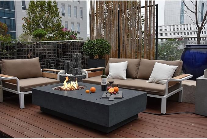 Elementi Metropolis Gas Fire Pit Cast Concrete Fire Table, Outdoor Fire Pit Electronic Ignition | Canvas Cover, Lava Rock Included | Free AMS Wind Guard | Dark Gray (Propane Gas)
