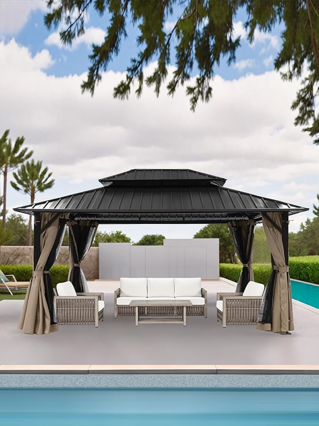SEEHILL 10' x 12' Hardtop Gazebo, Aluminum Frame Outdoor Patio Gazebo with Netting and Curtains, Outdoor Hardtop Gazebos, Patio Pergolas with Double Metal Roofs for Backyard, Patio, Deck, Sandstone