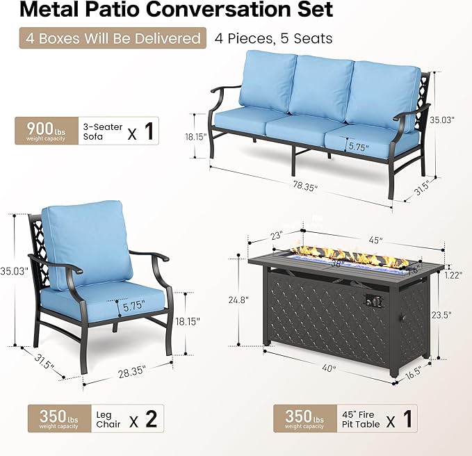 SUNSHINE VALLEY 4 Piece Metal Outdoor Patio Furniture Sets with 5000 BTU Firepit Table, Patio Conversation Sets 1 3-Seater Sofa, 2 Fixed Chair with 5.75" Thick Cushion, Black Backyard Furniture, Blue