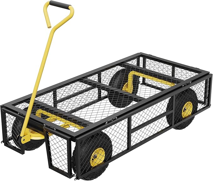 900 LBS Garden Cart with Removable Mesh Sides, Heavy Duty Steel Garden Wagon with Adjustable Handles & 10" Pneumatic Tires, Utility Wagon for Lawn Camping Farm Yard, Black+Yellow