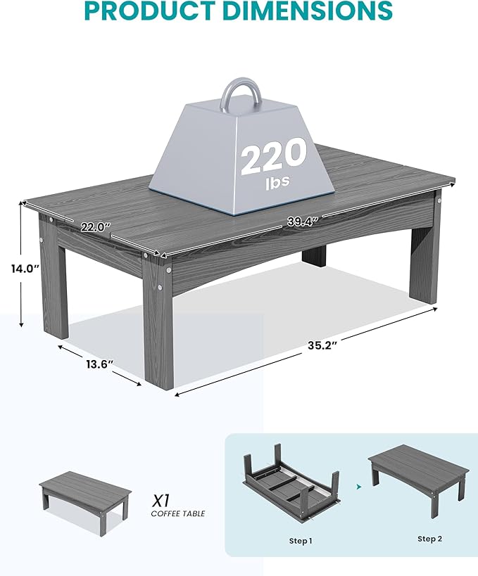 SERWALL Outdoor Coffee Table, HDPE All-Weather Patio Table, Patio Furniture Accent Table for Garden, Backyard, Balcony, Poolside, Grey