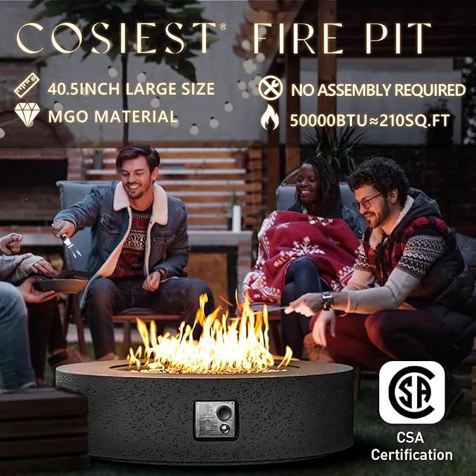 COSIEST 42 inch Outdoor Propane Fire Pit Coffee Table w Concrete Round Base Patio Heater, Certified, 50,000 BTU Stainless Steel Burner, Free Lava Rocks, Rain Cover, Tank Cover, Gray