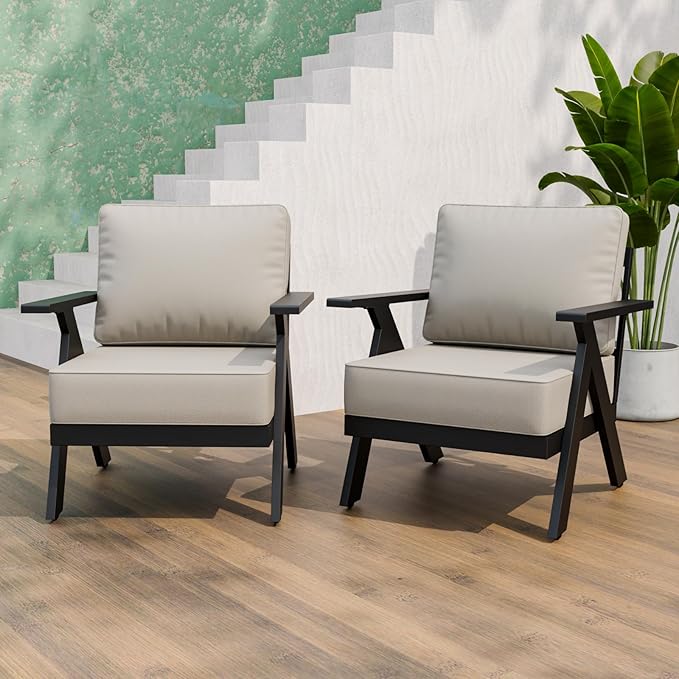 Urban Anvil 2 Pieces Patio Furniture Outdoor Metal Armchairs, All-Weather Patio Accent Chairs with Cushions for Balcony, Porch, Deck, Black/Beige