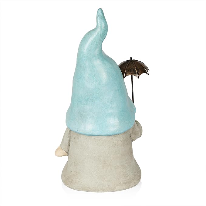 Alpine Corporation 18" Tall Outdoor Turquoise Hat Gnome Statue Holding Silver Umbrella, Playful Weatherproof Garden Decor