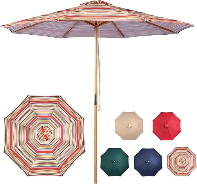 9ft Bamboo Umbrella, Outdoor Patio Umbrella, Waterproof Market Umbrella, 8 Ribs Table Umbrella with Pulley Lift for Garden, Deck, Pool, lawn, Backyard