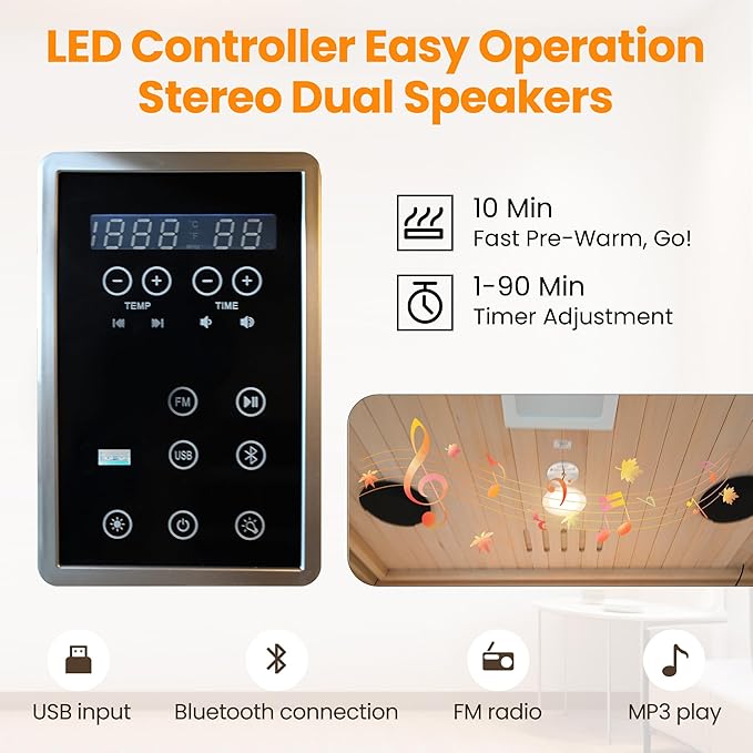 2-Person Home Infrared Sauna with Red Light Therapy & Bluetooth Speakers Dry Heat Sauna for Home & Gym 1760W 120V Low EMF with Control Panel, Indoor Personal Luxury Spa for House and Gym
