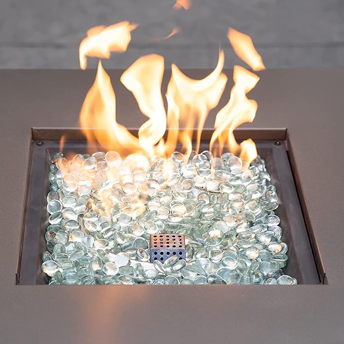 onlyfire Flat Fire Glass Beads for Propane Fire Pit, 1/2 Inch Reflective Firepit Glass Rocks 10 Pounds Flat Marbles for Gas Fireplace and Fire Pit Table, Crystal Ice