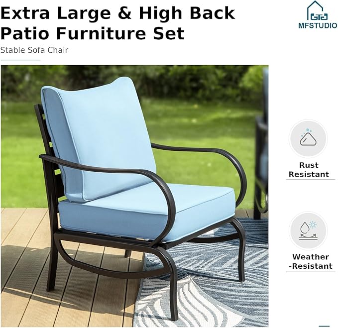 MFSTUDIO 7 Pieces Metal Patio Furniture Sets, 2 Swivel Chairs, 3-Seat Deep Seating Sofa, 2 Single Couch and 2 Ottoman, All Weather 9 Seats Outdoor Conversation Set for Garden Backyard, Blue Cushion