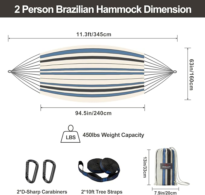 CHULIM Brazilian Double Hammock with Tree Straps,Extra Large 94x63IN,2 Persons Hammock for Backyard Patio Outdoor and Indoor,450lbs Weight Capacity,Soft Woven Cotton Fabric - Blue Stripe