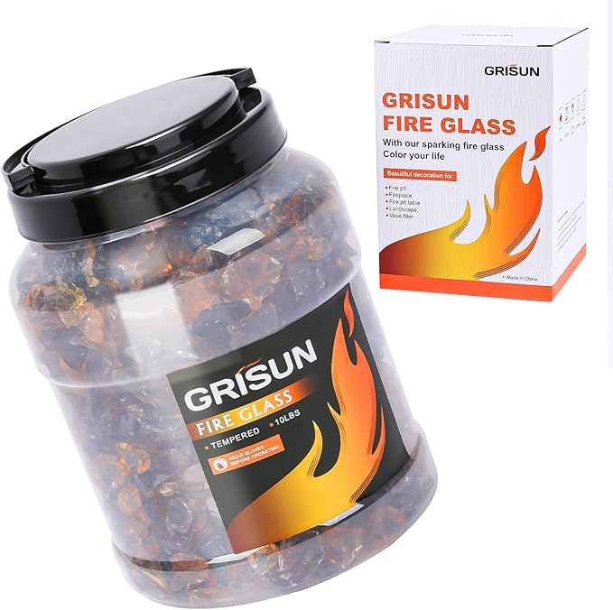 GRISUN Amber Fire Glass for Fire Pit - 1/2 Inch Tempered Glass Rocks for Natural or Propane Fireplace, Safe for Outdoors and Indoors Firepit Glass, 10 Pounds