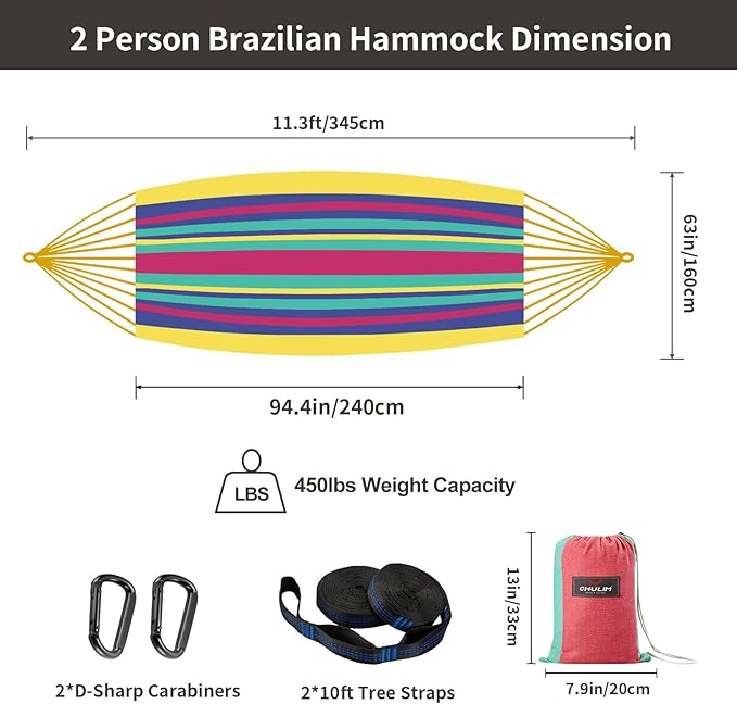CHULIM Brazilian Double Hammock with Tree Straps,Extra Large 94x63IN,2 Persons Hammock for Backyard Patio Outdoor and Indoor,450lbs Weight Capacity,Soft Woven Cotton Fabric - Aqua Bule Stripe