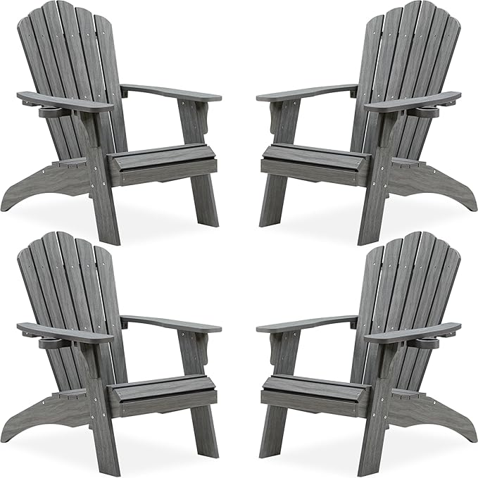 Psilvam Oversized Adirondack Chair, Fade-Resistant & Odor-Free Poly Lumber Fire Pit Chairs with Cup Holder, Weatherproof Outdoor Chair, Easy 15 Min Install Patio Chair, 350 Lbs Support (4, Gray)