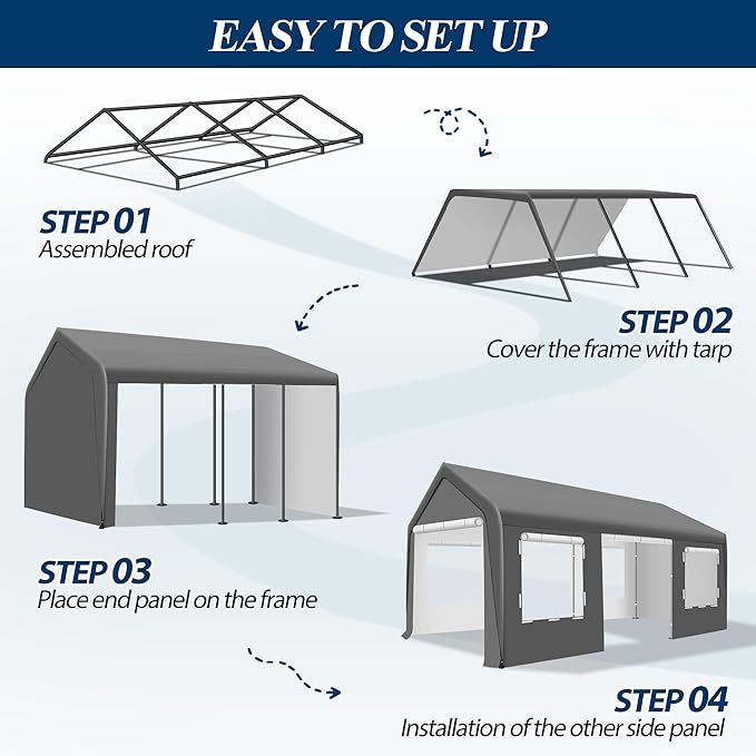 COVERONICS 10x20 FT Heavy Duty Carport Tent - Portable Outdoor Car Canopy with Roll-up Side Doors & Windows, Portable Garage with 4 Sandbags for Car, Truck and Outdoor Event, Grey