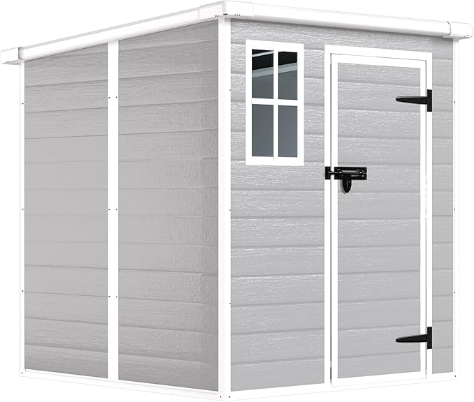 Outdoor Storage Shed 6x6 FT, Resin Lean to Shed with Floor, Window, Lockable Door, Waterproof Outside Sheds Patio Furniture Tool Shed for Bike, Garbage Can, Lawn Mower (Grey, 6 * 6ft)