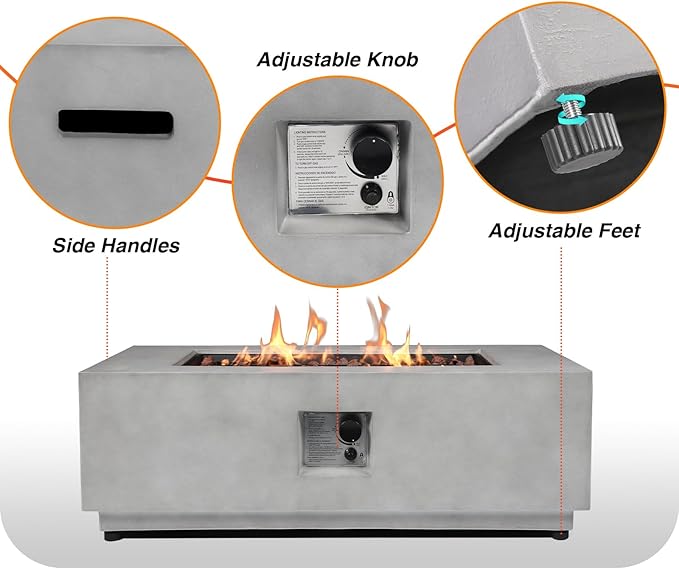 2 Pieces 42-Inch Outdoor Propane Fire Pit Table w/Tank Cover - 50,000 BTU, CSA-Certified Concrete Rectangle Firepits | Integrated Ignition, Steel Lid, Lava Rocks & Rain Cover Included