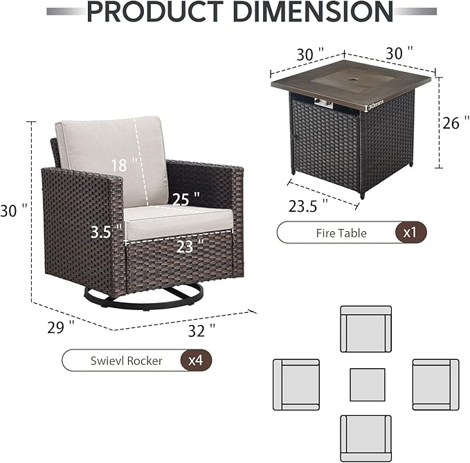 Outdoor Swivel Rocker Chairs Set of 4 with Fire Pit Table - 5 Peice Wicker Patio Furniture Set Conversation Set with 50,000 BTU Fire Pit for Deck Backyard - Brown Wicker Beige Cushion