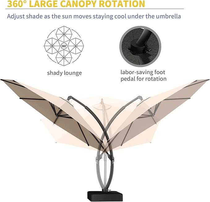 Kingdura 12ft Cantilever Patio Umbrella with Base Included, Large Round Offset Outdoor Pool Umbrella, 360° Rotation & Infinite Tilt, Heavy Duty Aluminum Frame for Deck Backyard, Beige