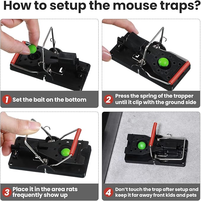 Qualirey 24 Pcs Mouse Traps Plastic Snap Rat Trap Bulk Reusable Quick Effective Safe for Indoor Outdoor Home House Warehouse Garden Kitchen 3.86 x 1.81 x 2.17 Inch (Black,Red)