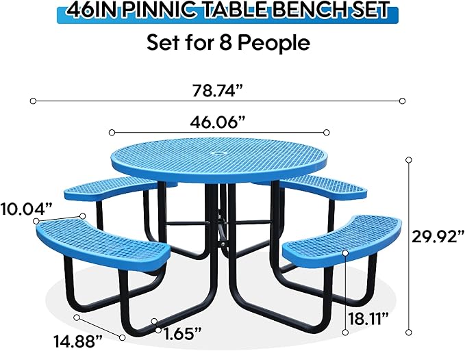 Sunnibety 8-Person Picnic Tables for Outdoors, Industrial 46" Expanded Metal Round Picnic Table with 4 Benches & Umbrella Hole, Outside Table and Bench Set for Park, Garden, Backyard, Patio, Blue