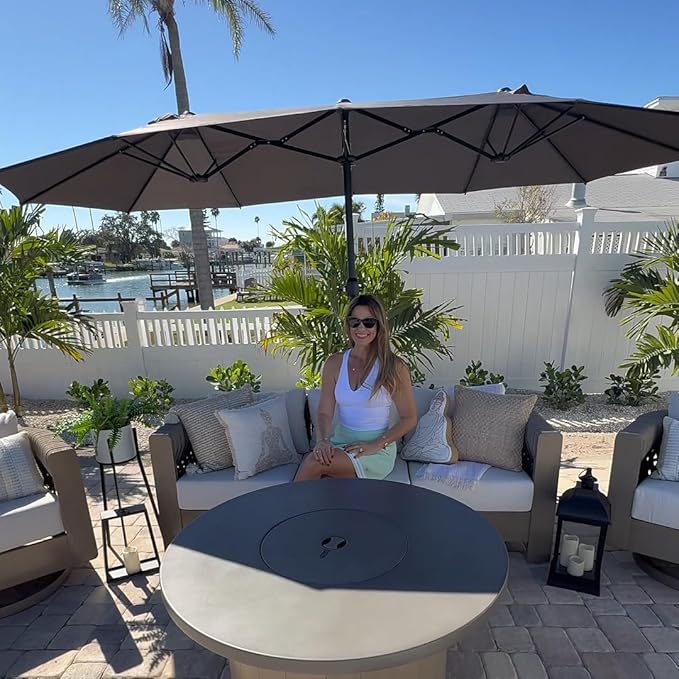 PURPLE LEAF 14ft Patio Market Umbrella with Base Double-Sided Rectangle Outdoor Table Sun Umbrellas with Crank 12 Heavy Duty Sturdy Ribs for Pool Beach Deck Backyard Light Gray