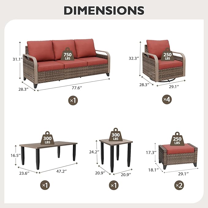EAGLE PEAK Modern Wicker Outdoor Patio Furniture Set, Patio Conversation Set, 4 Swivel Rocker Chairs, 3-Seat Loveseat, 2 Ottomans, Coffee Table and Side Table, 9 Pieces, Brown/Red