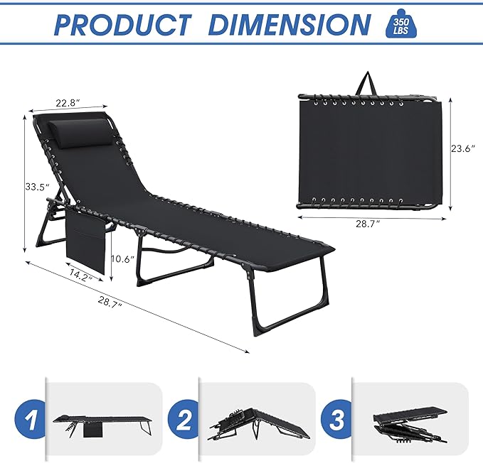 Flamaker Foldable Chaise Lounge Chair 5-Position Adjustable, Tanning Chair with Side Pocket, Outdoor Sunbathing for Pool, Beach, Patio, Lawn, Indoor Recliner Chair for Napping(Black, 1 Pcs)