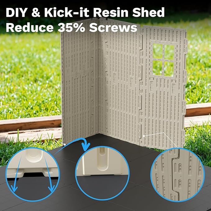 Devoko 10 x 14 FT Resin Outdoor Storage Shed, Extra Large Plastic Shed with Skylight, Floor and Lockable Door, Storage Bike, Tools, Lawn Mower for Garden, Backyard, Patio, Beige