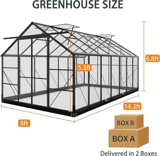 Greenhouses for Outdoors, 8x14.2 FT Polycarbonate Greenhouses with 2 Adjustable Roof Vent, Windproof, Walk-in Aluminum Frame Green Houses for Outside with Sliding Door, Garden (8x14.2FT)