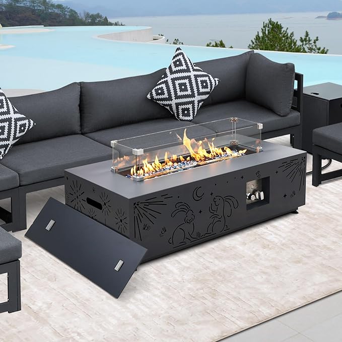 NICESOUL Outdoor Natural Gas/Propane Firepit Table, 42'' Rectangular Fire Pit with Hidden Tank Table, 50000 BTU Modern All-Weather Metal Fireplace with LED Light for Outside Patio, CSA Certified, Grey