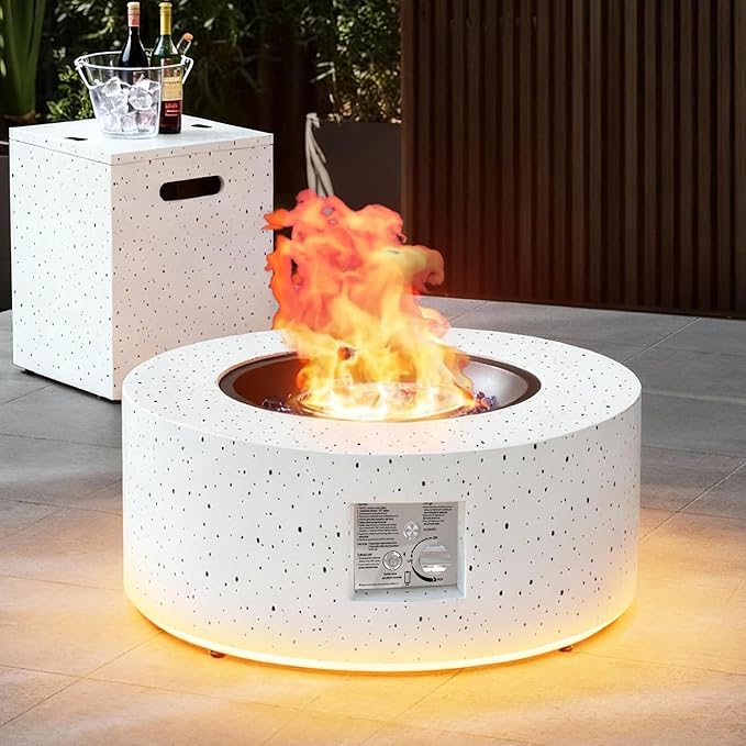 30" Round Propane Fire Pit Table - 50K BTU with Lid, Rocks Tank Storage and Cover - Round Gas Fire Pits for Outside Patio - Outdoor Table with Firepit (White/Golden Light, 30" Round)