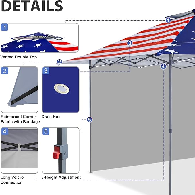 EAGLE PEAK 13x13 Pop up Canopy Tent w/One Wall, Instant Canopy Easy Set up Folding Shelter w/One Privacy Curtain, 169 Square Feet Sun Shade, American Flag
