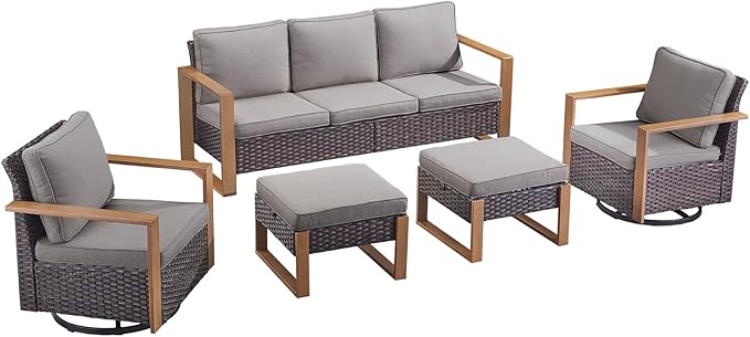 Rilyson Outdoor Wicker Patio Furniture Set - 5 Piece Patio Conversation Set with 2 Wicker Swivel Rocker Chairs,2 Rattan Ottoman and 1 Couch,Thick Cushions,Deep Seating,Wide Armrest(Brown/Grey)