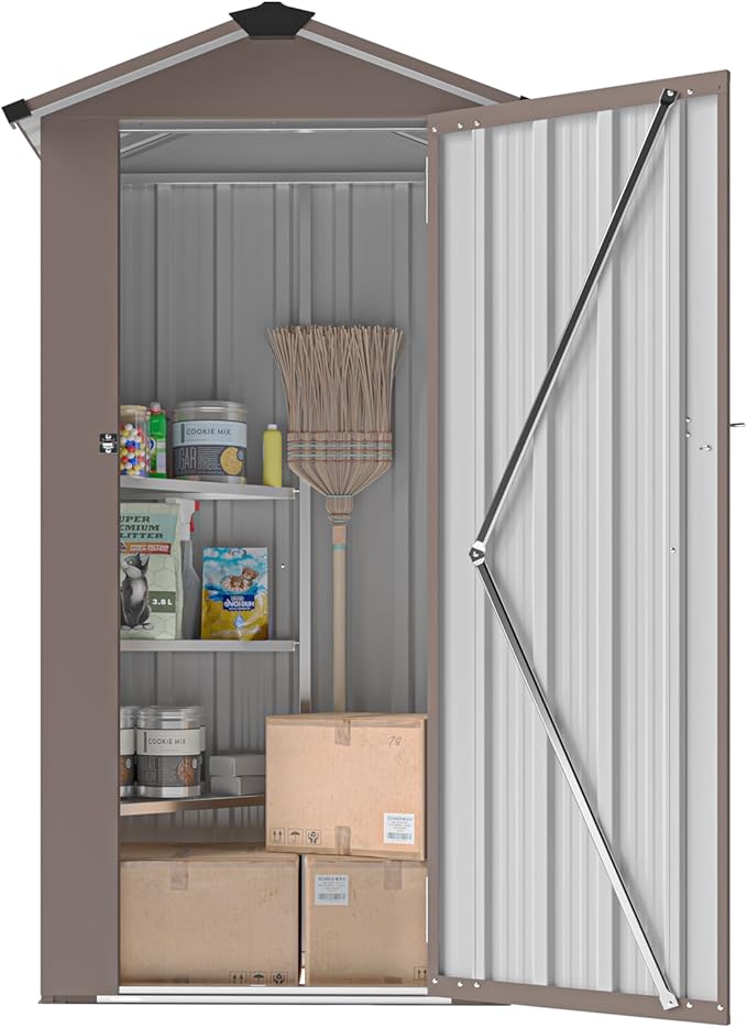 2.5x1.4 FT Outdoor Storage Shed, Tool Shed with Waterproof Roof and Lockable Door,Metal Shed with Adjustable Open Shelves for Backyard Garden Patio Lawn,Brown