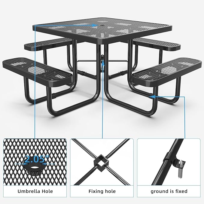 dafrigic 46" Square All Weather Resistant Commercial Picnic Table for Outdoors, Heavy Duty Picnic Table up to 4600 lbs with Umbrella Hole for School, Warehouse, Coffee Shop, Black