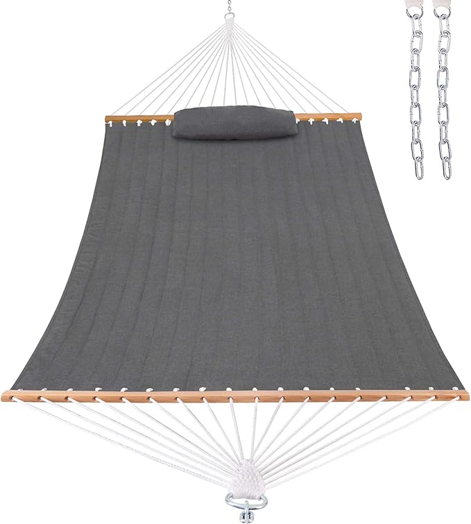 Lazy Daze Hammocks 12 FT Sunbrella Quilted Hammock Double Hammock with Hardwood Spreader Bar, for Patio Outdoor Outside All Weather, 450 lbs Capacity, Cast Slate