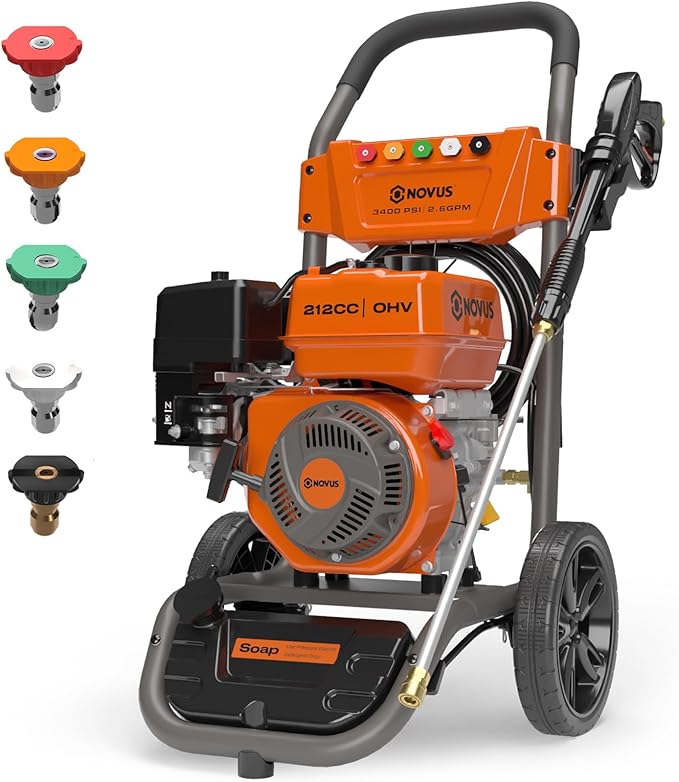 NOVUS Gas Pressure Washer 3400 PSI, 2.6 GPM Power Washer with 30FT Extra-Long Hose, 5 Nozzles, Onboard Soap Tank, 212CC Engine, Spray Gun and Wand, for Vehicles Driveways Patios Fences Furniture