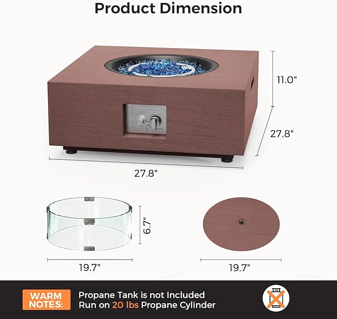 28 Inch Fire Pit Table with Wind Guard 40,000 BTU Propane Gas Fire Pit Table with Glass Rocks for Outside Patio Outdoor Backyard Deck Balcony, CSA Certified