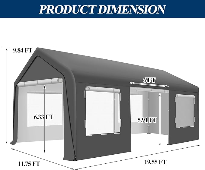COVERONICS 12x20 FT Heavy Duty Carport Tent - Portable Outdoor Car Canopy with Roll-up Side Doors & Windows, Portable Garage with 4 Sandbags for Car, Truck and Outdoor Event, Gray
