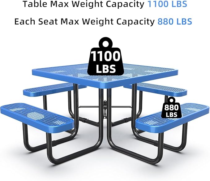 dafrigic 46" Square All Weather Resistant Commercial Picnic Table for Outdoors, Heavy Duty Picnic Table up to 4600 lbs with Umbrella Hole for School, Warehouse, Coffee Shop, Blue