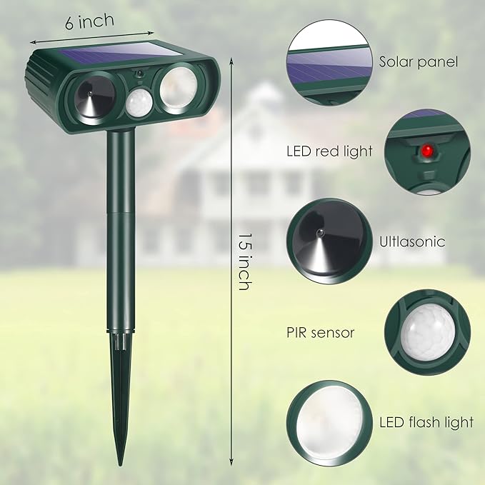 2 Pack Ultrasonic Animal Repeller Outdoor Cat Repellent Solar Deer Repellent Devices Waterproof Motion Activated Animal Deterrent Devices to Scare Squirrel Raccoon Rabbit Skunk for Yard Garden