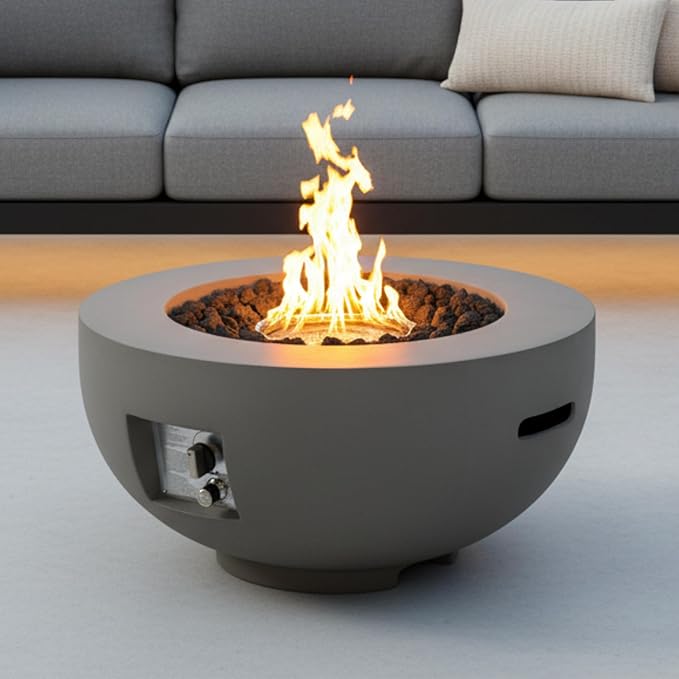 28-inch Outdoor Round Fire Pit Table,40,000 BTU Fire Pit Bowl, Light Concrete Propane Fire Pit with Free Lava Rocks, Rain Cover and Burner Lid, for Outside Patio, Garden, Deck, Light Grey
