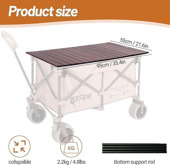 Aluminum Alloy Steel Collapsible Board Desktop Folding Table for Garden Cart Foldable Wagon Heavy Duty Foldable Metal Outdoor Camping 37.4x21.6 inch (Wood Color)