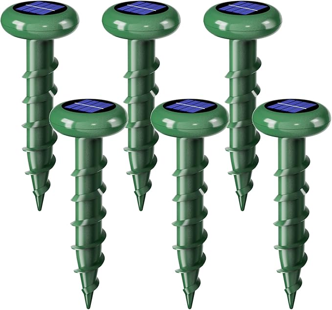 Solar Powered Ultrasonic Mole Repellent,Outdoor Animal Repellent Effective Get Rid of Snake Skunk Vole Groundhog Chipmunk Squirrel,Yard Garden Spiral IP 65 Waterproof Sonic Spikes（6 Pack）