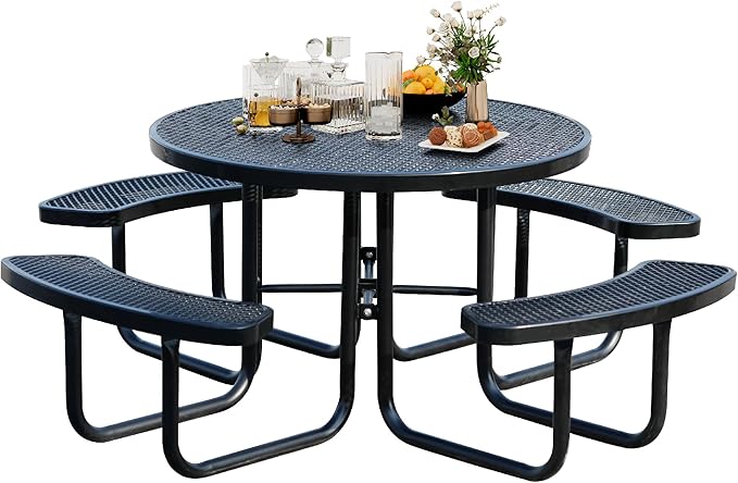 Sunnibety 8-Person Picnic Tables for Outdoors, Industrial 46" Expanded Metal Round Picnic Table with 4 Benches & Umbrella Hole, Outside Table and Bench Set for Park, Garden, Backyard, Patio, Black