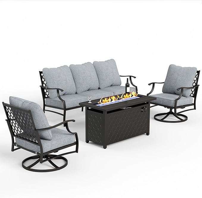 SUNSHINE VALLEY 4 Piece Metal Outdoor Patio Furniture Sets with 5000 BTU Firepit Table, Patio Conversation Sets 1 3-seater Sofa, 2 Swivel Chair with 5.75" Thick Cushion, Black Backyard Furniture, Gray