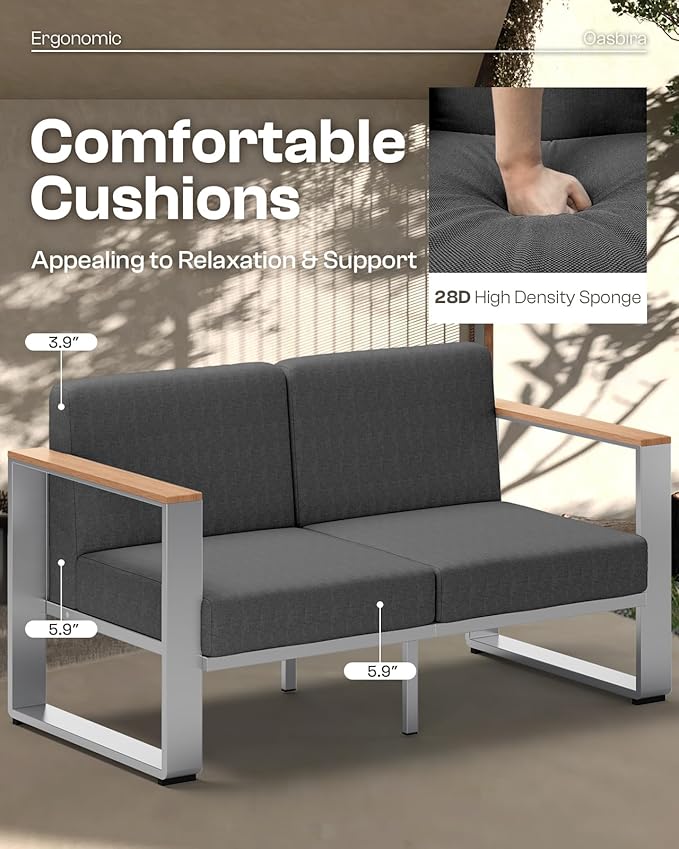 Outdoor Patio Furniture Set, 4 Piece Aluminum Patio Furniture Set with Wide Seat and Thick Cushions, Modern Outdoor Patio Conversation Sets for Deck, Porch (Teak-Charcoal)
