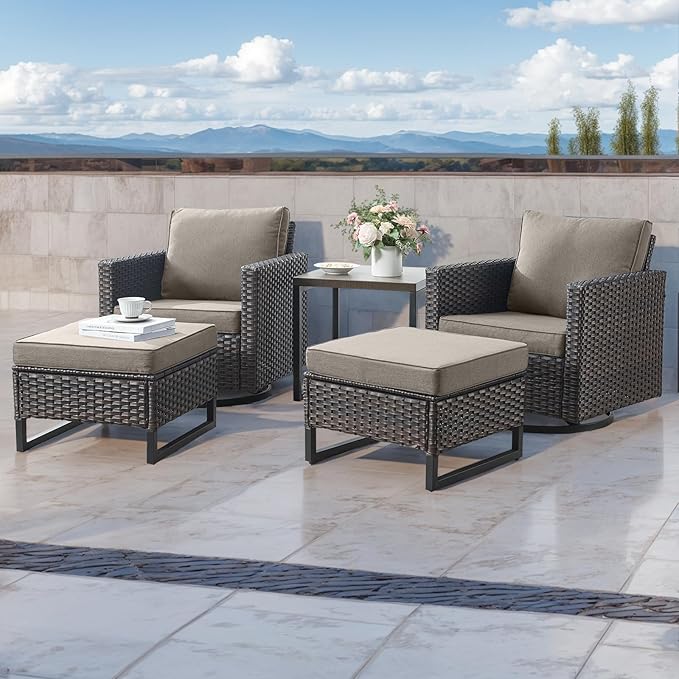 HUMMUH 5 Piece Patio Furniture Set All-Weather PE Wicker Outdoor Swivel Rocker Chairs Set of 2 with Ottomans Side Table for Patio,Porch,Garden,Backyard