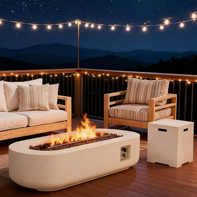ECOTOUGE 2-Piece Gas Fire Pit, 60''Oval Outdoor Propane Fire Pit Table Set w/Tank Cover, Auto-Ignition Steel Fire Table, 50,000 BTU Concrete Fire Pit w/Weather-Resistant Pit Cover, Lava Rocks, White