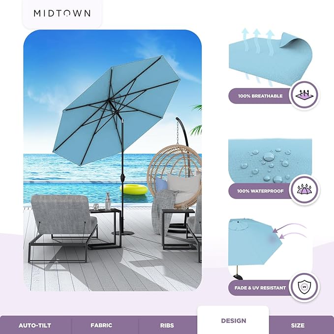Midtown Umbrellas Sunbrella Umbrella 9 Feet Outdoor Umbrella With Canvas Capri Acrylic Fabric - Auto-Tilt Aluminum Frame Patio Umbrella For Backyard, Deck, Garden, Pool - Black Pole