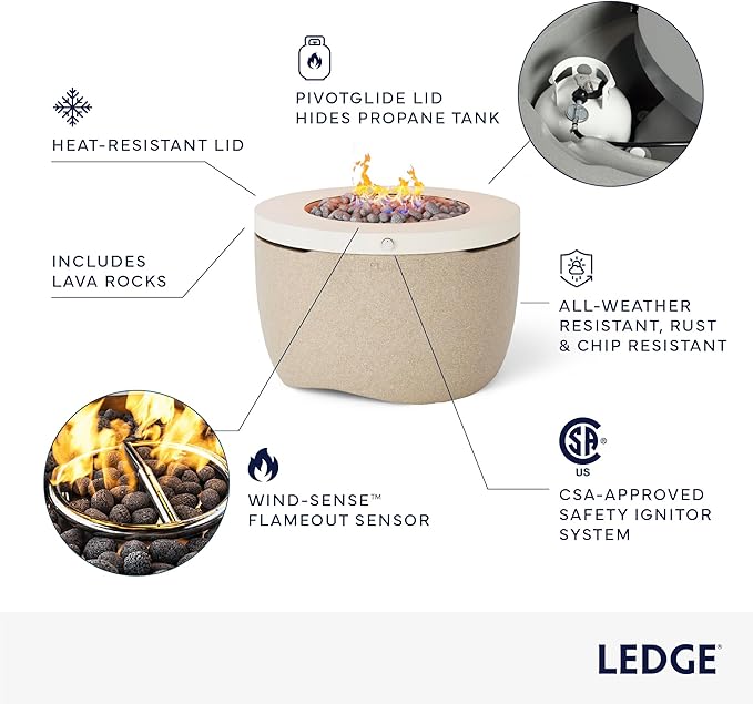 Ledge Lounger Halo Firepit - Smokeless Outdoor Fire Pit Table - 70,000 BTUs Propane Connector and Lava Rocks Included - All Season Heavy Duty (Nightfall)